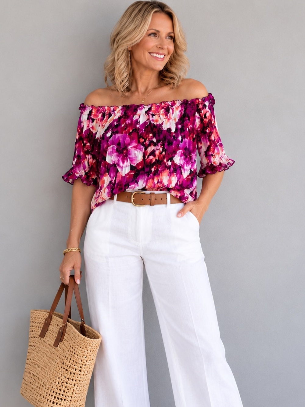 🛑 6/$25 Worthington Off-Shoulder Floral Blouse in Magenta Pink, size Large